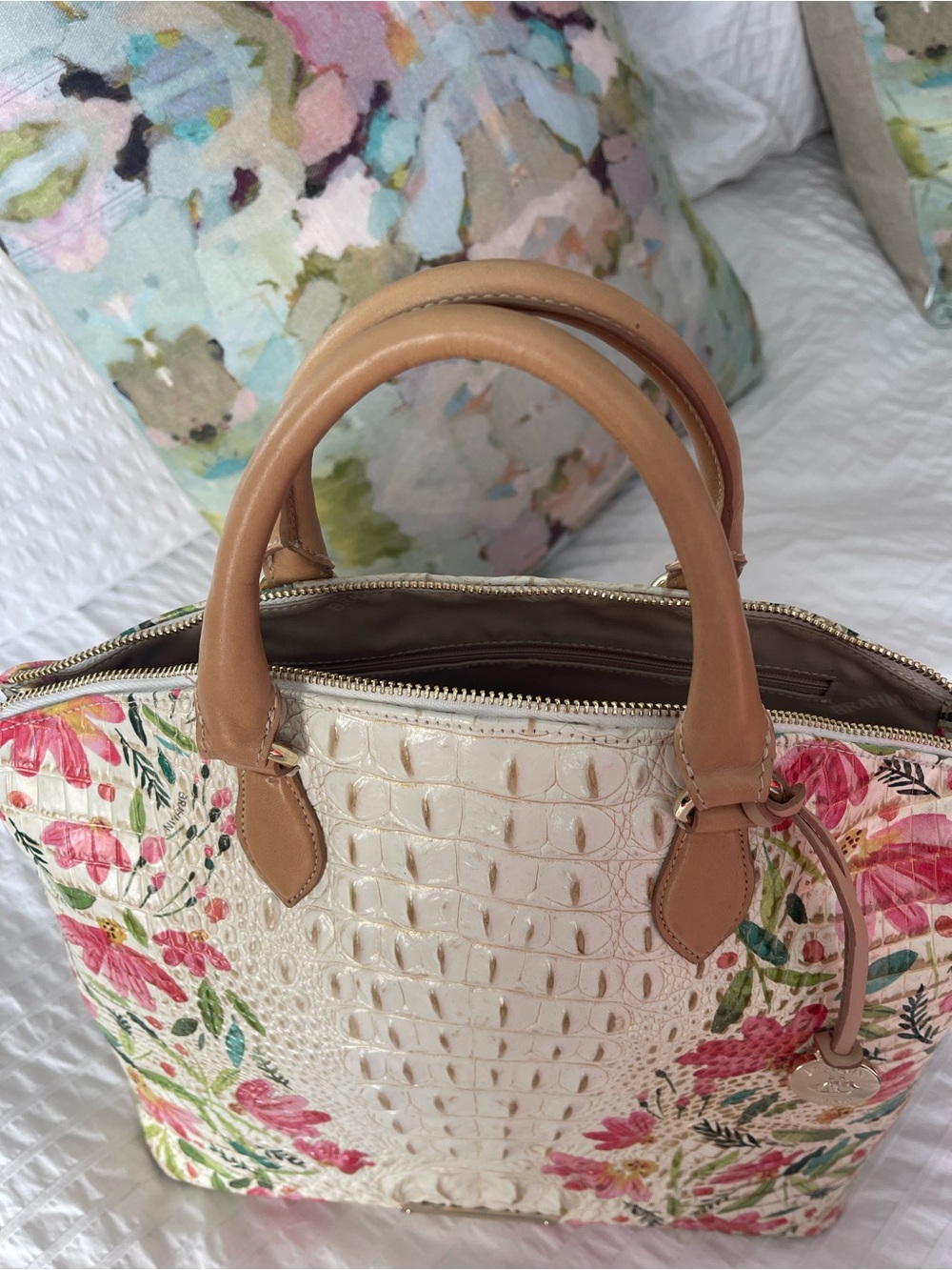 Brahmin Cream Floral Embossed Leather Tote with Tan Handles - Picture 7 of 8